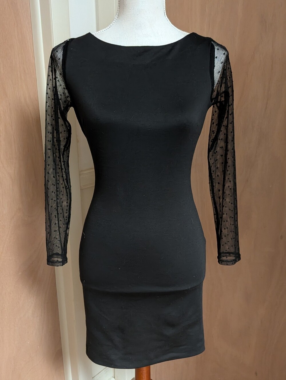 ZARA Collection Black Bodycon Mini Dress Small Sheer Polka Dot Mesh Sleeves